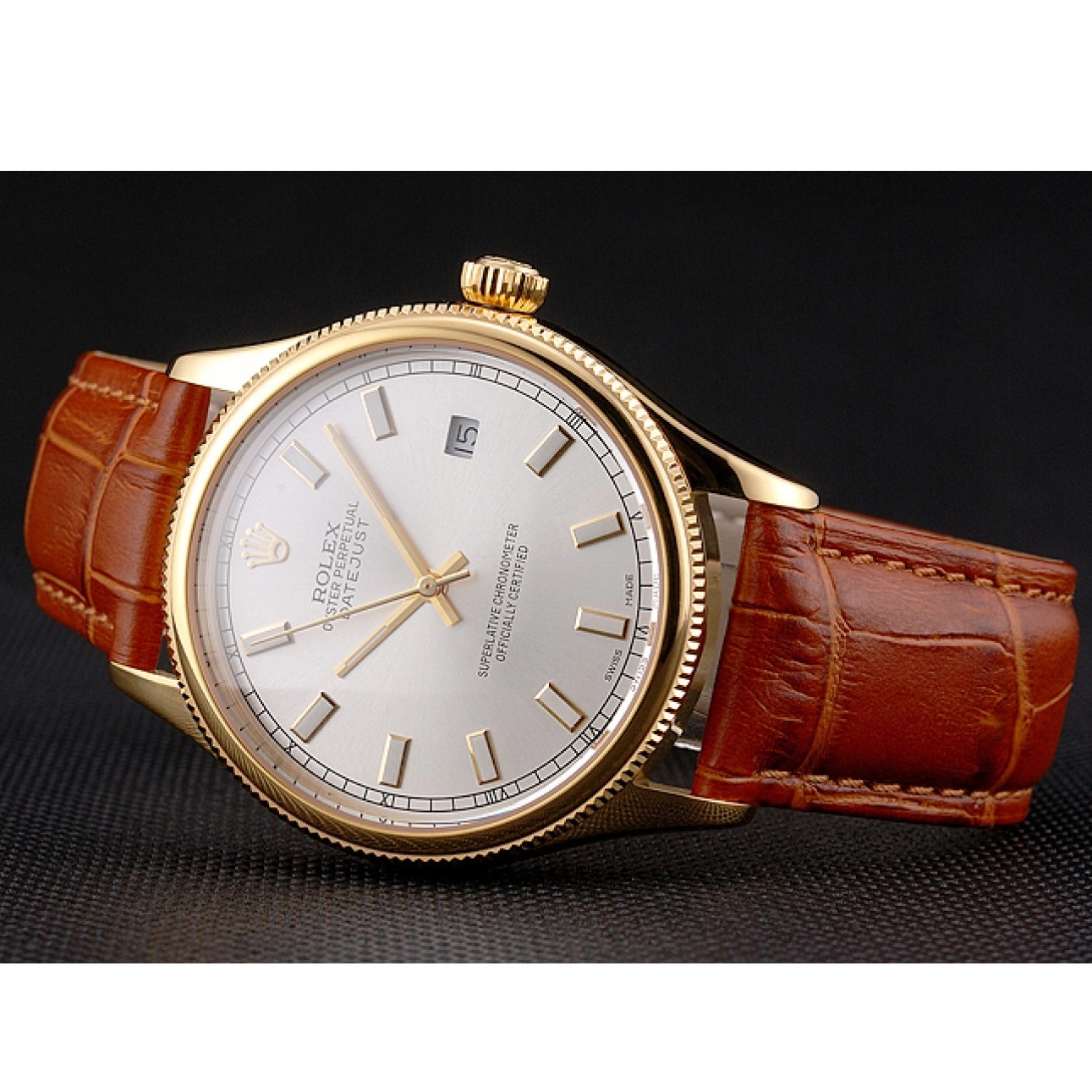 Aaa replica watch Brown Strap Rolex Leather Swiss Gold Datejust Dial Light White Case 0824